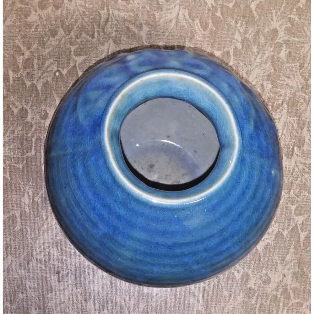 Vietnamese Vase ceramic handcrafted crackle glaze blue brown embossed flower VTG